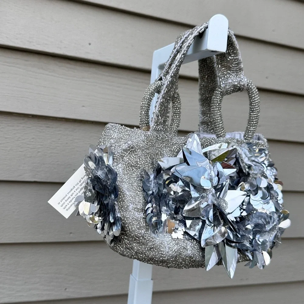 Silver Beaded Floral Sequin Evening Bag Handbag 3D Flower Wedding Gala Formal